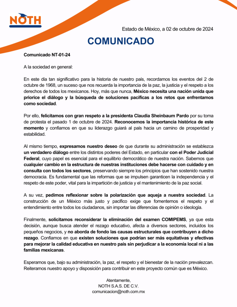 COMUNICADO NT-01-24 RELATIVO A LA TOMA DE PROTESTA DE LA DRA. Claudia Sheinbaum Pardo